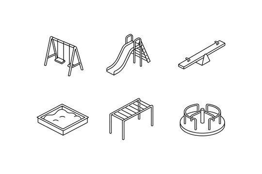 Minimalist playground equipment collection: swings, slide, sandbox, seesaw, monkey bars, merry-go-round