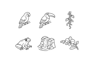 Obraz premium Linear jungle icons set with tropical birds, plants, frog, and waterfall