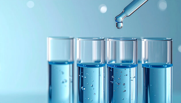 青い美容液の研究イメージ｜ガラス試験管とスポイトの一滴、清潔感のあるラボ風スキンケア背景・コピースペース
/ Blue skincare serum research concept with glass test tubes and a dropper, clean laboratory background and copy space