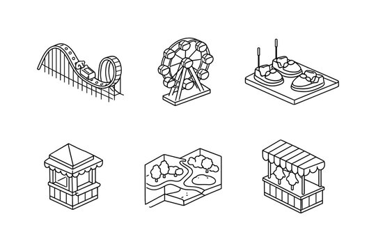 Amusement park line art icons featuring rides and attractions
