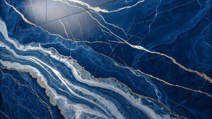 A stunning closeup of a blue marble surface with white and gold veins