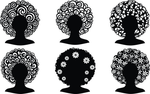 Black silhouettes of women with ornate curly hairstyles black silhouettes, women, curly hairstyles, ornate hair, swirls, flowers, white background, profile views, head silhouettes, hair patterns, blac