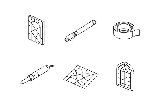Stained glass craft icons set: tools and patterns in minimalist outline design