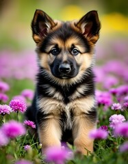 A cute puppy among flowers. Card, print, poster.