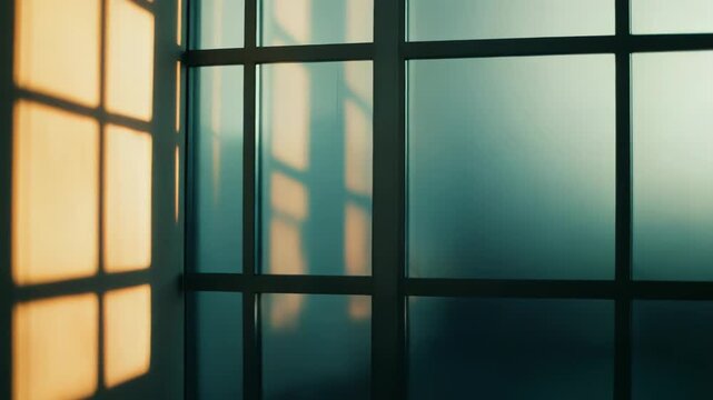 Warm sunlight illuminates an interior wall and floor, creating abstract geometric shadow patterns from a window frame and contrasting with cooler light from another panel, evoking a sense of calm