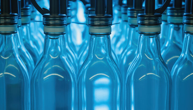 Closeup empty glass bottle bottling line factory automation, blue industrial lighting over transparent container row, production equipment for beverage packaging and hygiene control
