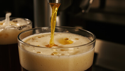 Beer pour glass foam draft lager ale brewery, golden beverage flowing from tap into pint with creamy head, warm bar light, closeup slow motion vibe