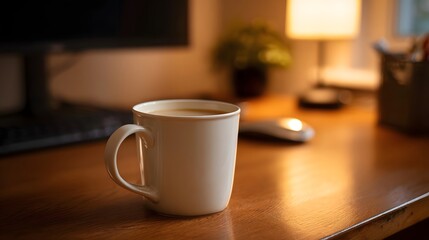 Obraz premium A white mug filled with coffee rests on a wooden desk illuminated by warm ambient lighting