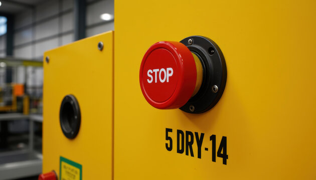 Emergency stop button industrial machine safety panel factory red control on yellow equipment, closeup view highlighting hazard prevention and workplace security in manufacturing