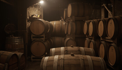 Wooden barrel wine cellar oak aging distillery storage rustic dim light scene within warehouse stacked cask warm shadow quiet craftsmanship atmosphere