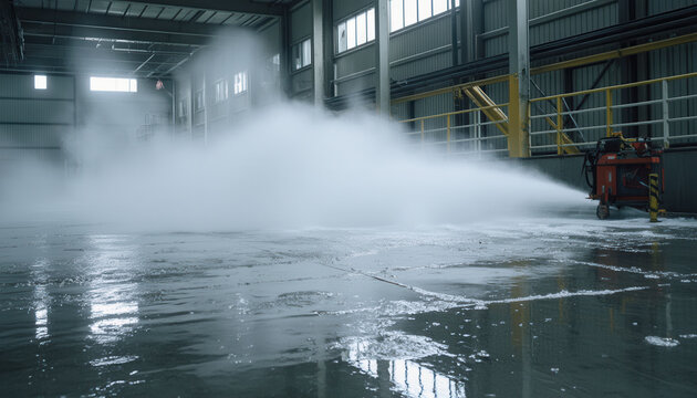 High pressure waterjet industrial warehouse floor cleaning spray mist fills large interior, wet concrete reflecting light during maintenance, powerful equipment removing grime