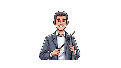 Obraz premium A smiling cartoon man in a business suit holding a briefcase on transparent background