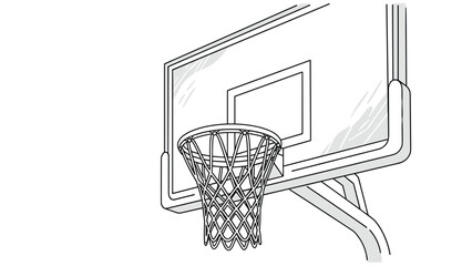 Clean line art of a basketball hoop with a net attached to a transparent backboard for sports and game concepts.
