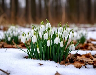 Snowdrops bloomed in the forest in spring. Sunny spring day, snow melting, primroses.