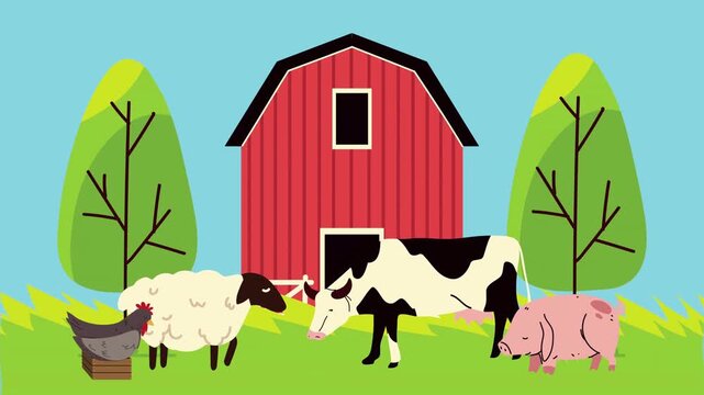 Farm animals and red barn illustration