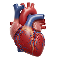 Detailed anatomical illustration of a human heart with visible blood vessels and chambers on transparent background
