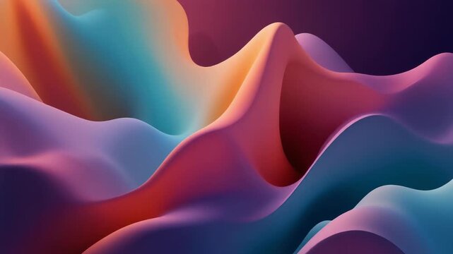 Dynamic abstract wavy shapes swirling in pastel gradient over deep purple backdrop - digital illustration viewed from a front perspective