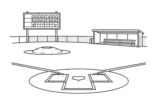 Minimalist outline of a baseball field with scoreboard and dugout in monochrome design