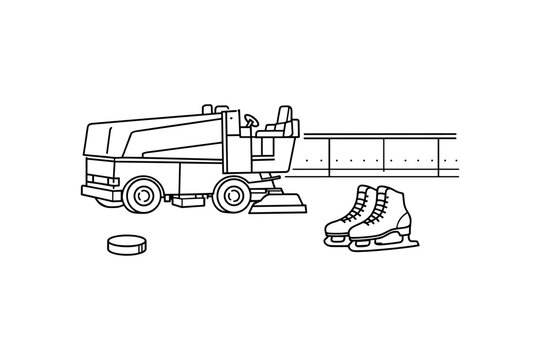Ice rink scene with zamboni, skates, and hockey puck in linear design