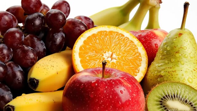 Assorted fresh fruits on a white background with vibrant colors and textures