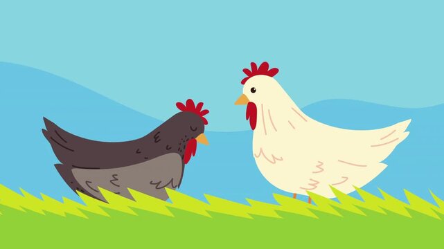 Two Cartoon Hens Standing on Grass Farm Animal Animation