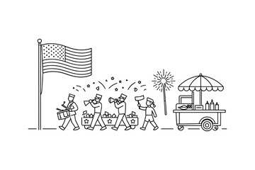 Obraz premium Patriotic parade celebration in line art with flag and food cart