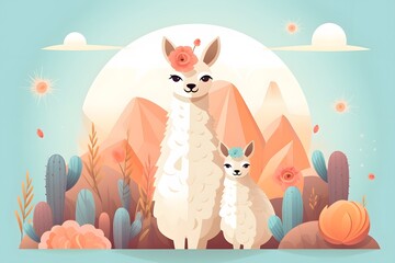 Obraz premium Charming illustration of a mother and baby llama standing in a colorful desert landscape filled with pastel cacti, mountains, and flowers.
