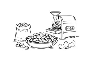 Cashew nut processing machine with bowl and sack in black and white line art