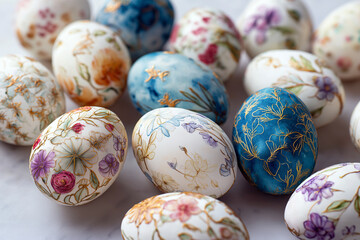 Hand painted Easter eggs with delicate floral watercolor patterns and gold accents arranged in a bright festive composition on a light background