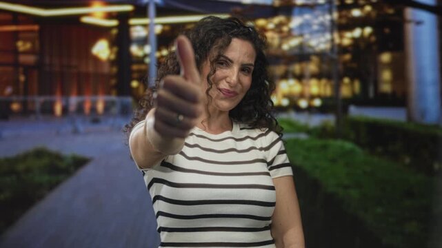 Smiling woman shows thumb up gesture on street with building lights blurred behind; approval positivity.