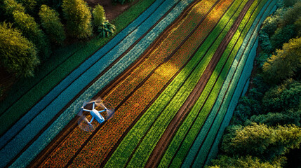 Aerial view of vibrant flower fields with drone flying overhead