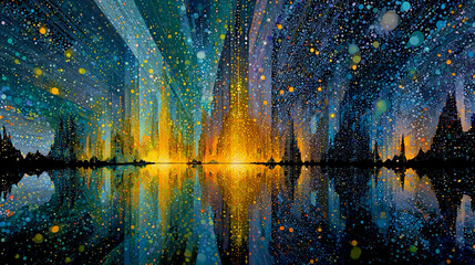 Vibrant cityscape at night with colorful lights reflecting on water