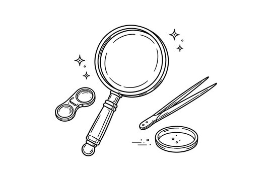 Hand-drawn scientific tools: magnifying glass, tweezers, petri dish, contact lenses