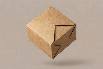 Floating isometric view of a closed square brown kraft cardboard box