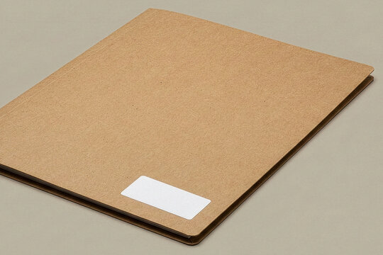 Close up of a brown kraft paper folder with a small white label