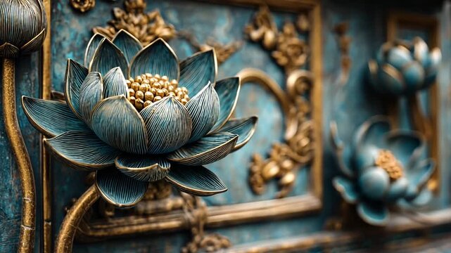 Ornate blue and gold lotus flowers adorn a decorative wall with intricate carvings and panels.