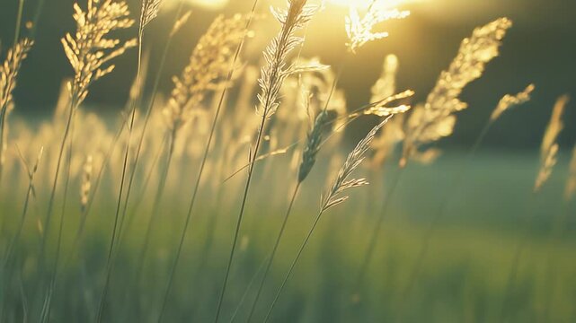 Wild reeds and pampas grass shining with intense golden light, creating a peaceful scene during summer or autumn sunset, symbolizing warmth and natural beauty
