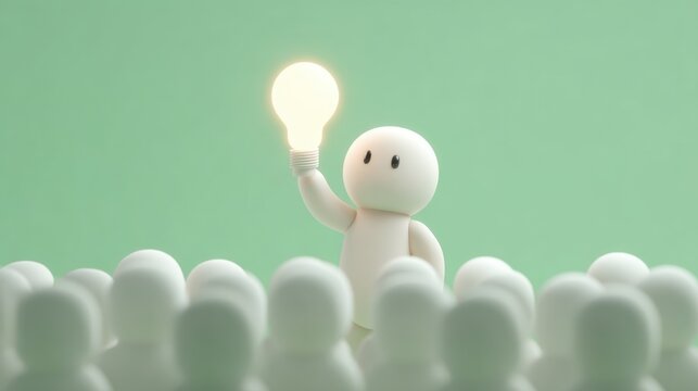 Cartoon Character Holding Light Bulb in Crowd, Represents Inspiration and Leadership in a 3D Rendered Scene