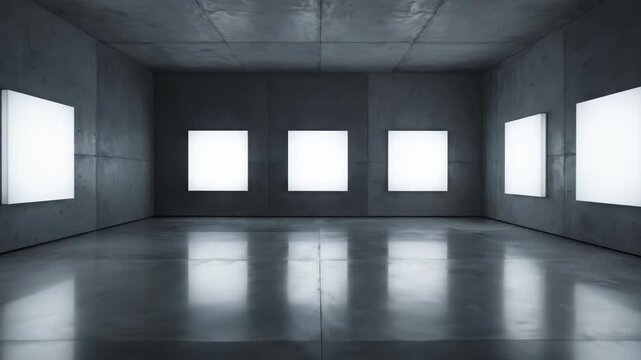 Modern empty room with multiple square windows on gray walls