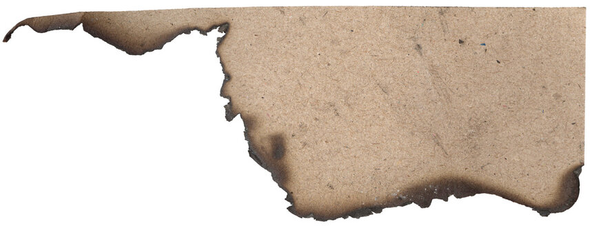 Irregular burnt paper cutout with dark charred edges and warm brown fiber texture. Isolated on transparent background, ideal for vintage designs, horror posters, grunge collages, scrapbooking, and dra