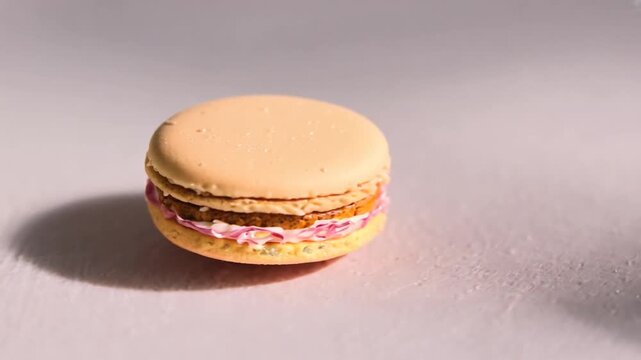 A single, elegant peach macaron sits on a light pink surface. The camera holds a tight, static shot for eight seconds, highlighting the pink ruffled filling and subtle changes in natural light and sh