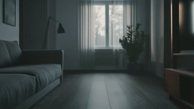 Cozy living room showcasing dark laminate flooring, a comfortable sofa, and a television setup, bathed in soft ambient light from a window with sheer curtains, creating a tranquil home atmosphere