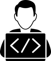 Programmer with laptop icon in flat style.