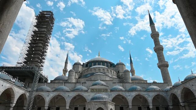 Istanbul,turkey,august 6, 2025. Majestic view of the sultan ahmed mosque, also known as the blue mosque, showing its domes and minarets against a beautiful blue sky
