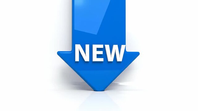 Blue arrow with new text on white background isolated on white background