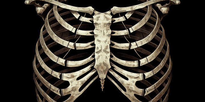 Ribcage skeleton anatomy chest bone radiograph medical illustration, detailed human thorax with sternum and rib on dark background, clinical science concept, eerie mood