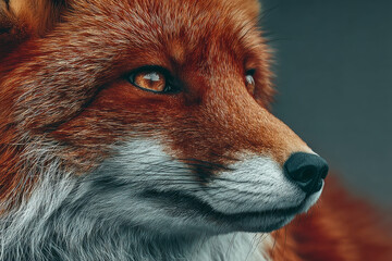 Obraz premium Close-up portrait of a red fox showing its detailed fur and intensely focused eyes against a blurred dark background, capturing the elegance and beauty of this wild creature