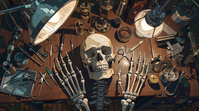 Skeleton skull anatomy laboratory desk tool lamp illustration on wooden workbench with surgical instrument study lighting eerie forensic science mood