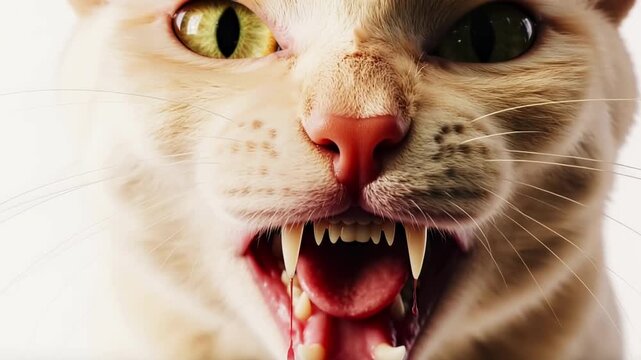 Mad cat, animal rabies. An enraged animal lunges straight at the camera, its mouth wide open, revealing sharp teeth.