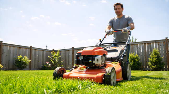 Man mowing the lawn in the backyard. Male gardener cutting grass with orange lawnmower on a sunny day. Landscaping and gardening concept